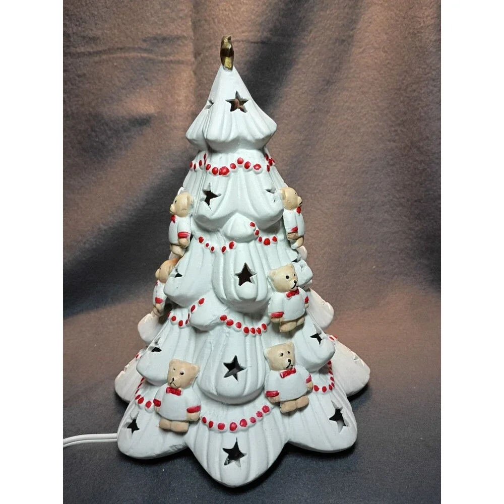 Vintage White Porcelain Lighted Christmas Tree Teddy Bears 9